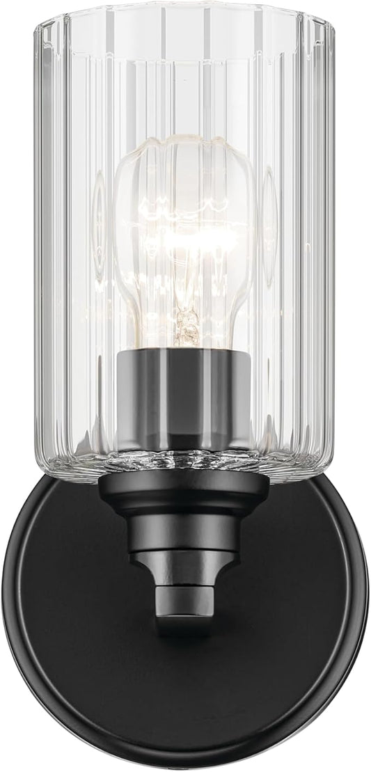 Kichler Gioe 5" 1-Light Wall Sconce with Clear Fluted Glass in Black, Damp Rated, for Powder Room, Kitchen, Hallway, Bedroom, Fireplace, (5" W x 9.5" H), 55224BKFLU