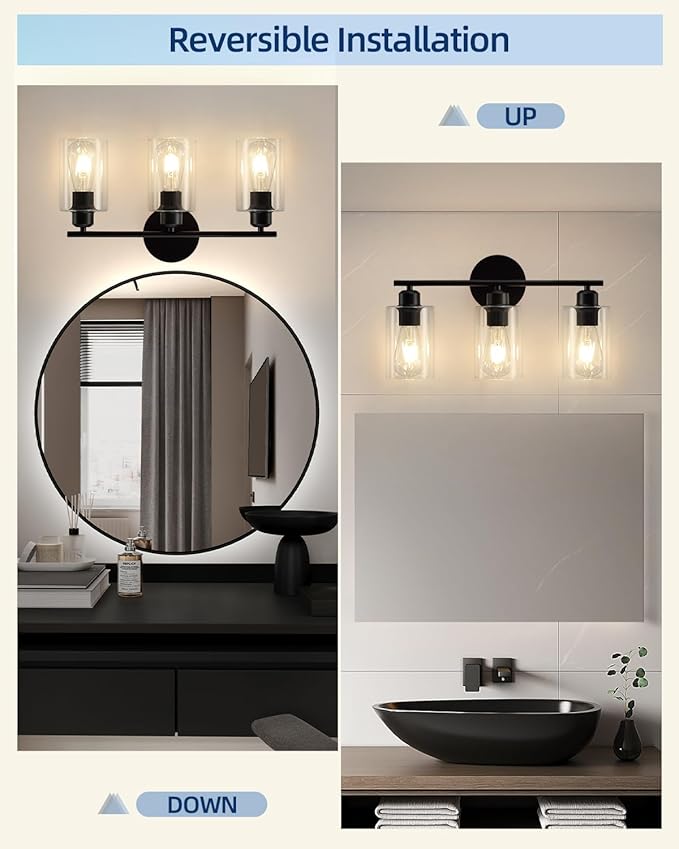 3-Light Matte Black Vanity Lights, Modern Bathroom Light Fixtures Over Mirror With Clear Glass Shade, Wall Sconce Lighting for Hallway - 2Pack