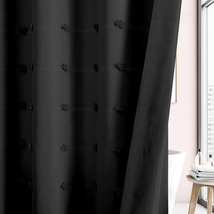 LilyCat Boho Tufted Floral Shower Curtain with Tassel, Black, 72" x 72" | Waterproof Boho Fabric Shower Curtain Set with Hooks, Cute Rustic Vintage Bathroom Décor, Minimalist Cloth Bathroom Curtain