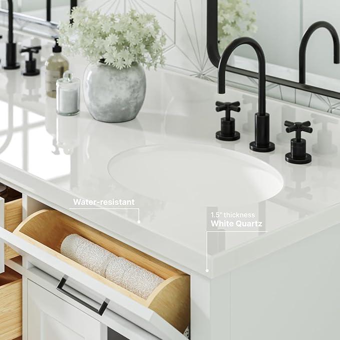 ARIEL Hepburn 66-inch Bathroom Vanity with Sink,Solid Wood, 1.5-inch Pure White Quartz Countertop & Backsplash, Double Oval Porcelain Sink, 4 Soft Closing Doors, 6 Dovetail Drawers, White