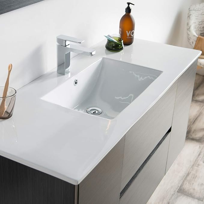 Blossom 48 Inch Bathroom Vanity with Sink, Wall Mounted All-Wood Floating Bathroom Vanity Cabinet with Ceramic Sink, Vanities for Bathroom, 2 Doors and Soft-Closing U-Shaped Drawers, Silver Grey