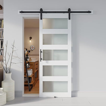 34'' x 84'' Glass Barn Door and 6Ft Hardware Kit Included, White | MDF White Barn Door Slab with Frosted Glass, PVC Surface, Combined with Handle and Floor Guide-Assembly Required