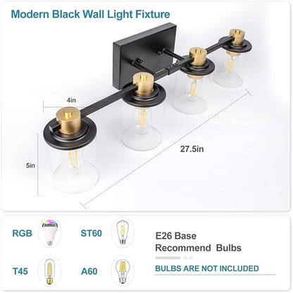 Lightdot 4 Light Bathroom Vanity Light, 27.5" Black and Gold Bathroom Light Fixtures with Glass Waterproof Shades, Rust-Proof Modern Vanity Lights Over Mirror for Kitchen Hallway Cabinet Porch