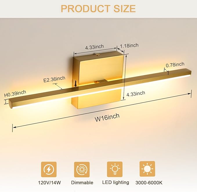 Vanity Light 16 Inch Modern Bathroom Light Fixtures 14W Wall Vanity Lamp Over Mirror, Dimmable 5CCT LED Wall Sconce for Bedroom Cabinets UL Certificated