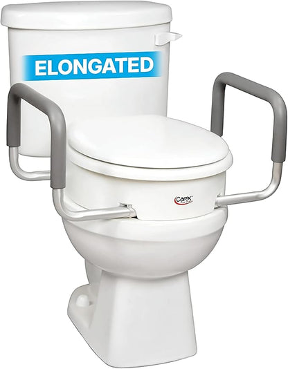 Carex 3.5 Inch Raised Toilet Seat with Arms, Elongated Toilet Seat Riser, Up to 250 lbs Capacity, Elevating & Raising Seat for Elderly & Handicap, Universal, Slip-Resistant with Padded Handles, White