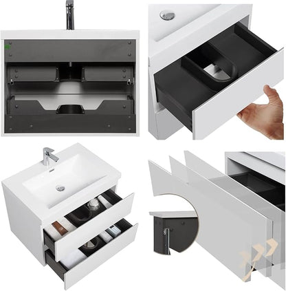 Bathroom Vanity with Sink, 30" Wall-Mounted Bathroom Storage Cabinet with Resin Basin & 2 Soft-Close Drawers, Modern Stylish Floating Vanity with Open Back Design, Easy to Clean, White