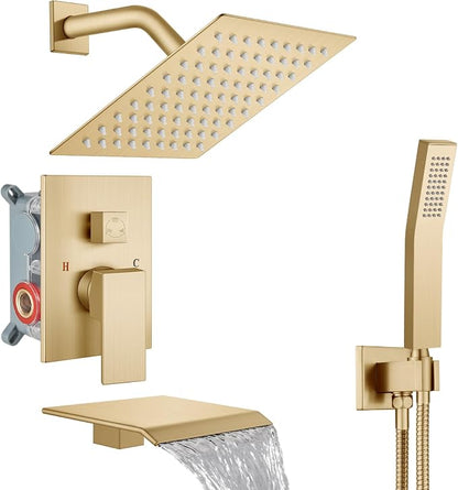Midanya Shower System with Tub Spout,8 Inch Shower Head,Brushed Gold | with Valve & Trim Kit,Square Rain Head,Handheld Sprayer,Waterfall Spout,All Metal Wall Mount Bathroom Shower Tub Faucet Set