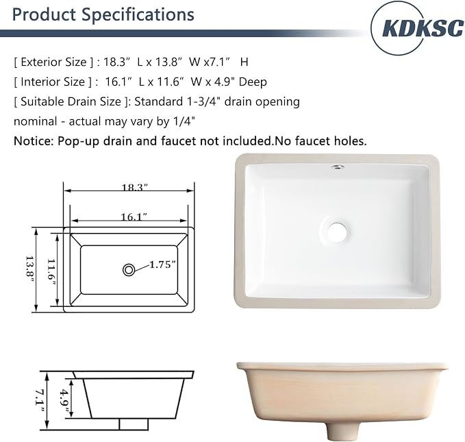 18 Inch Undermount Bathroom Sink White Rectangular Porcelain Ceramic Vanity Basin with Overflow (18.3"x13.8") KDKSC