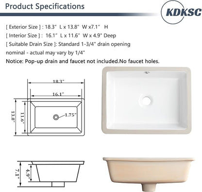 18 Inch Undermount Bathroom Sink White Rectangular Porcelain Ceramic Vanity Basin with Overflow (18.3"x13.8") KDKSC