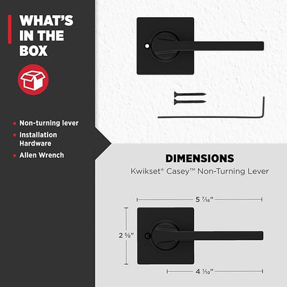 Kwikset Casey Dummy Door Handle, Single Sided Lever for Closets, French Double Doors, and Pantry, Matte Black Non-Turning Reversible Interior Push/Pull Lever, with Microban Protection (1 count)