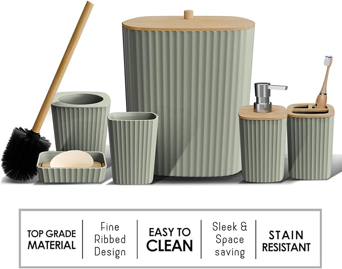 Clara Clark Bathroom Set - Sage Green Bathroom Accessories Set, 6PC Bathroom Accessory Set, Bathroom Sets with Bathroom Rugs, Toilet Brush, Trash Can & Soap Dispenser