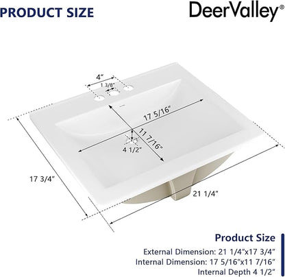 DeerValley 21x18 Inch Rectangular Ceramic Drop-in Bathroom Sink, Under Counter Vessel Sink with Overflow, White Vanity Basin, DV-1DS0122