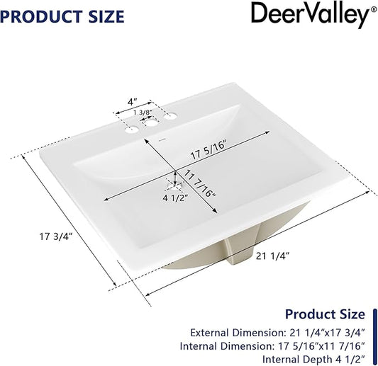 DeerValley 21x18 Inch Rectangular Ceramic Drop-in Bathroom Sink, Under Counter Vessel Sink with Overflow, White Vanity Basin, DV-1DS0122