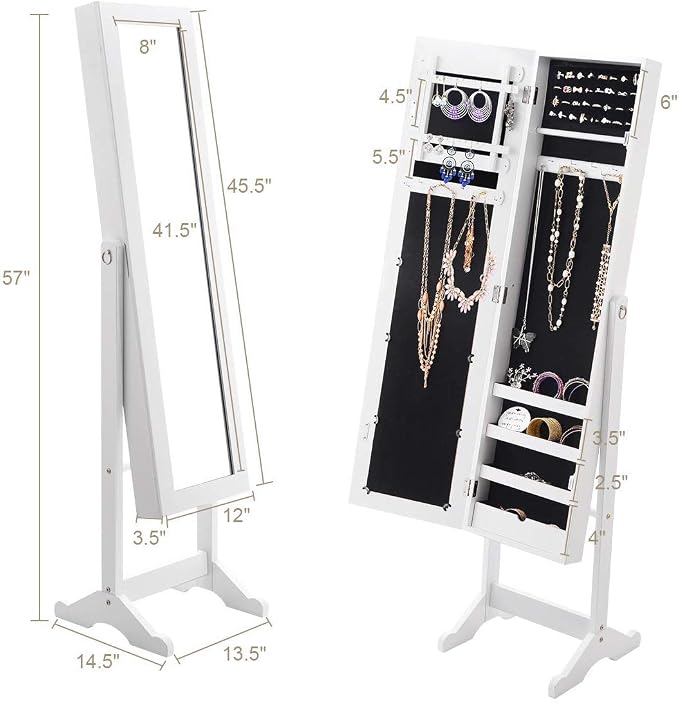 HOMGX Wood Standing Jewelry Cabinet, Jewelry Armoire with Mirror, Jewelry Organizer Storage (White)