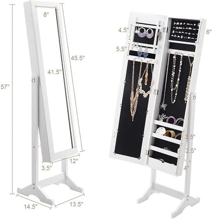 HOMGX Wood Standing Jewelry Cabinet, Jewelry Armoire with Mirror, Jewelry Organizer Storage (White)