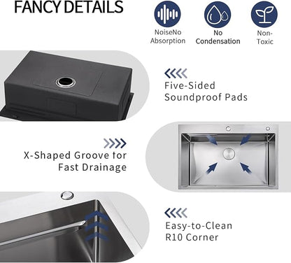 33x22 Drop In Kitchen Sink with Faucet Combo Modern Large Stainless Steel Kitchen Sinks 33 Inch Top Mount Single Bowl Workstation Sink