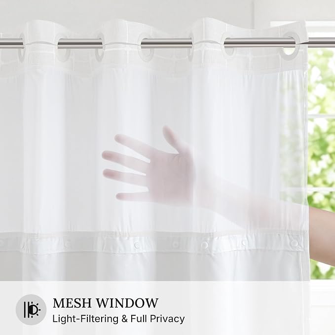 RiverDream Farmhouse No Hooks Shower Curtain with Snap-in Liner,White,71x86 | Snap on Fabric Liner,Heavy Duty,Quick Dry,Mesh Top Window,With Bottom Magnets,Washable,with Tassels,Extra Long Size