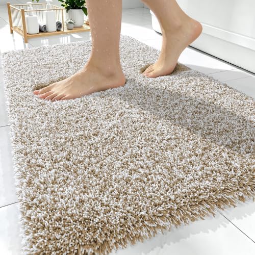 OLANLY Microfiber Bathroom Rugs 30x20, Quick Dry Bath Mat, Beige and White