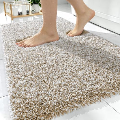 OLANLY Microfiber Bathroom Rugs 30x20, Quick Dry Bath Mat, Beige and White
