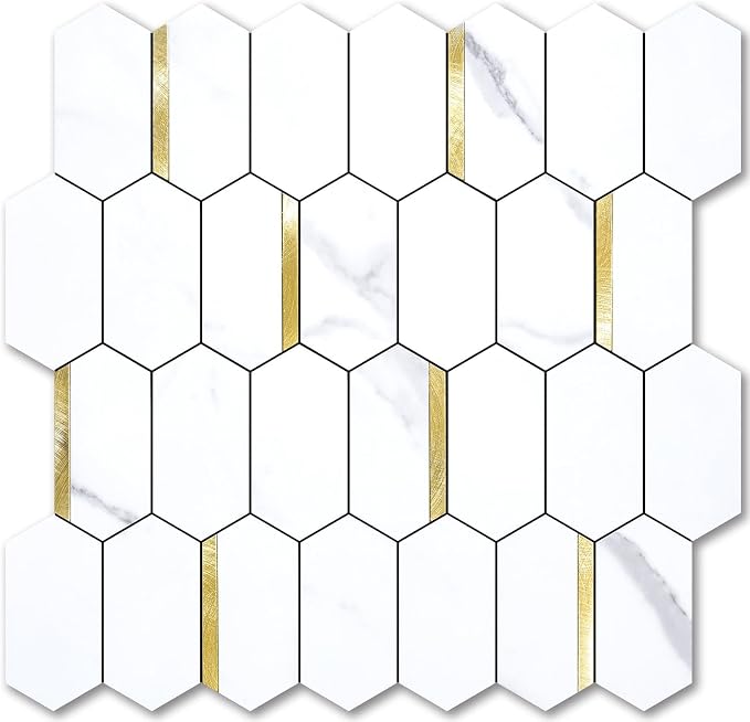 Vamos Tile Long Hexagon Peel and Stick Backsplash Tile - 10 Sheets Stick on Backsplash for Kitchen and Bathroom 12.4 x 12 Inch White Marble Look PVC Mixed Metal Gold Self Adhesive Mosaic Wall Tiles