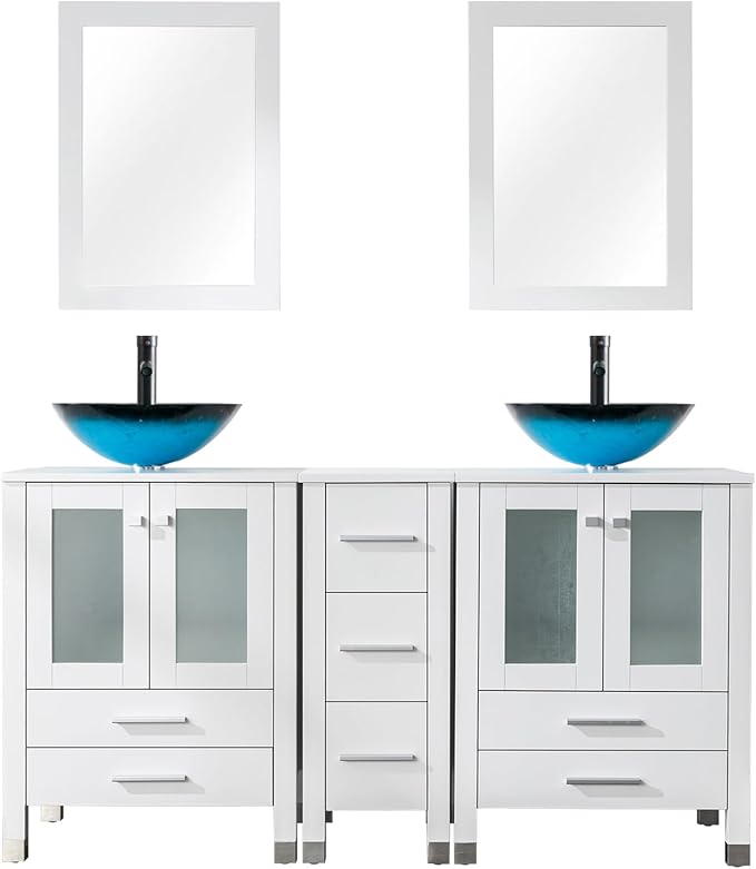 LUCKWIND 60" Double 24" Bathroom Vanity with Sink Combo, Elegant Series with One 12.6-in Side Cabinet, Painted Frame, Including Turquoise Square Sinks, Faucets Without Mirrors, White