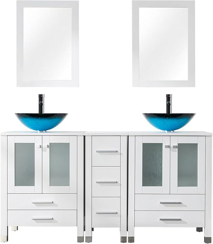 LUCKWIND 60" Double 24" Bathroom Vanity with Sink Combo, Elegant Series with One 12.6-in Side Cabinet, Painted Frame, Including Turquoise Square Sinks, Faucets Without Mirrors, White