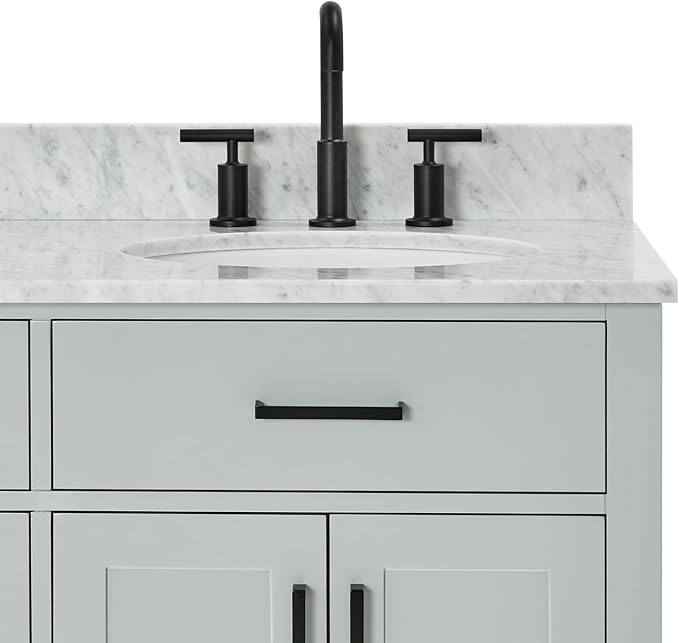 ARIEL Hepburn 66-inch Bathroom Vanity with Sink,Solid Wood, 0.75-inch Italian Carrara Marble Countertop & Backsplash, Double Oval Porcelain Sink, 4 Soft Closing Doors, 6 Dovetail Drawers, Grey