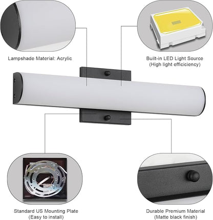 LED 16 Inch Vanity Light Fixture, 18W Dimmable Led Bath Lights, Black Bar Vanity Light for Bathroom Mirror - Wall Mount Vanity Lighting