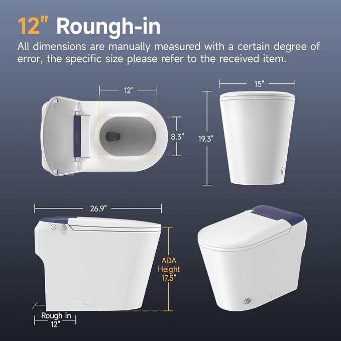 Non-Electric Bidet Toilet, One Piece Elongated Smart Toilet with Air Pressure-Assisted Flush, ADA Comfort Height, Foot Kick & Side Button Flush, 1.0 GPF, 12" Rough-In