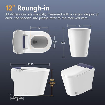Non-Electric Bidet Toilet, One Piece Elongated Smart Toilet with Air Pressure-Assisted Flush, ADA Comfort Height, Foot Kick & Side Button Flush, 1.0 GPF, 12" Rough-In