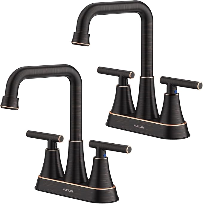 Bathroom Sink Faucet, Hurran 4 inch Oil Rubbed Bronze Bathroom Faucets for Sink 3 Hole with Pop-up Drain and Supply Hoses, 2-Handle Centerset Faucet for Vanity RV Farmhouse, 2 Pack