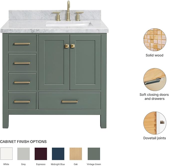 ARIEL Cambridge 36-inch Bathroom Vanity with Sink,Solid Wood, 1.5-inch Italian Carrara Marble Countertop, Single Rectangular Porcelain Sink, 2 Soft Closing Doors, 5 Dovetail Drawers, Vintage Green