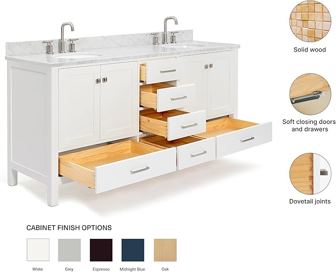 ARIEL Cambridge 72-inch Bathroom Vanity with Sink,Solid Wood, 0.75-inch Italian Carrara Marble Countertop & Backsplash, Double Oval Porcelain Sink, 4 Soft Closing Doors, 6 Dovetail Drawers, White