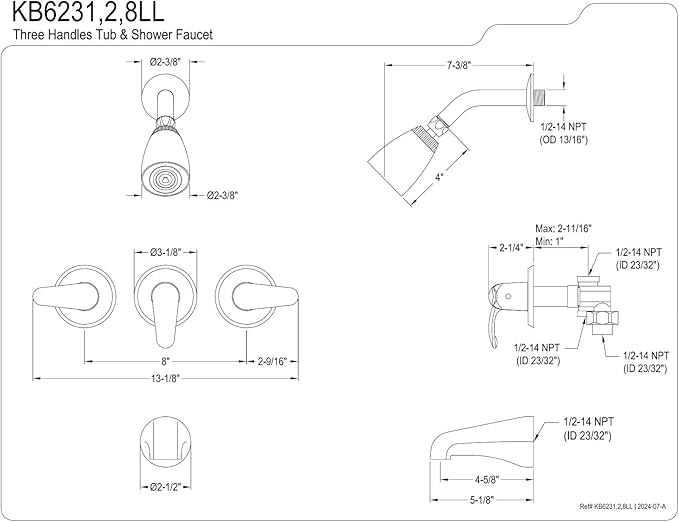 Kingston Brass KB6232LL Legacy Tub and Shower Faucet, Polished Brass,5-Inch Spout Reach