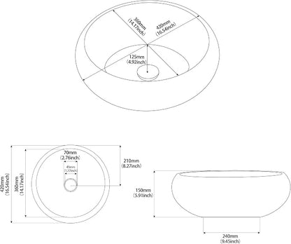 16 Inch Round Vessel Sink - Brown & Black Porcelain Ceramic Art Basin, Handmade Countertop Bathroom Sink Bowl