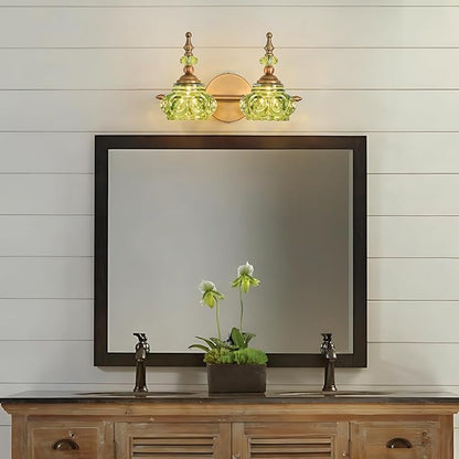 Vintage Vanity Light Fixtures, Green 2-Light Bathroom Lighting, Vintage Wall Sconce with Crystal Glass Shade Rust-Proof and Durable for Bathroom Bedroom Living Room Hallway