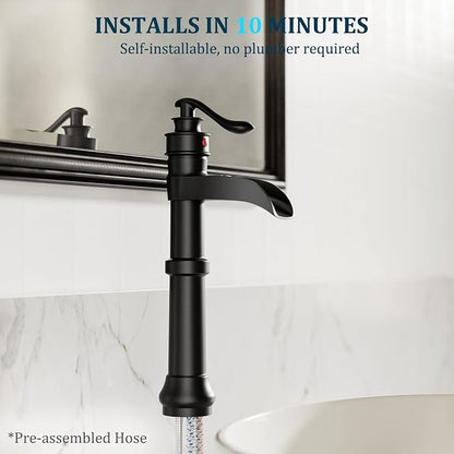 Matte Black Vessel Sink Faucet Brass Tall Waterfall Bathroom Faucet | Bathroom Sink Faucets Single Handle with Pop Up Drain Without Overflow and Supply Hoses Mixer Tap Deck Mount by BATHLAVISH