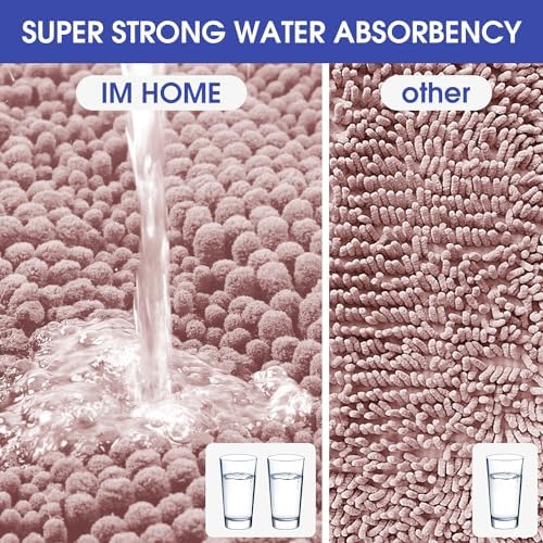ACCUMTEK Striped Dusty Pink Bathroom Rug Mat Set 2 piece 32"x20"+24"x17" Ultra Soft, Non Slip Chenille Bath Rugs, Absorbent Plush Shaggy Bath Mats for Bathroom, Bedroom, Kitchen, Shower, Tub