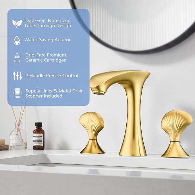 Brushed Gold Bathroom Faucet 3 Hole, 8 Inch Widespread Bathroom Sink Faucet for Vanity, 2 Handle Bathroom Faucets, Bathroom Vanity Faucet with Pop-Up Drain and Supply Hoses