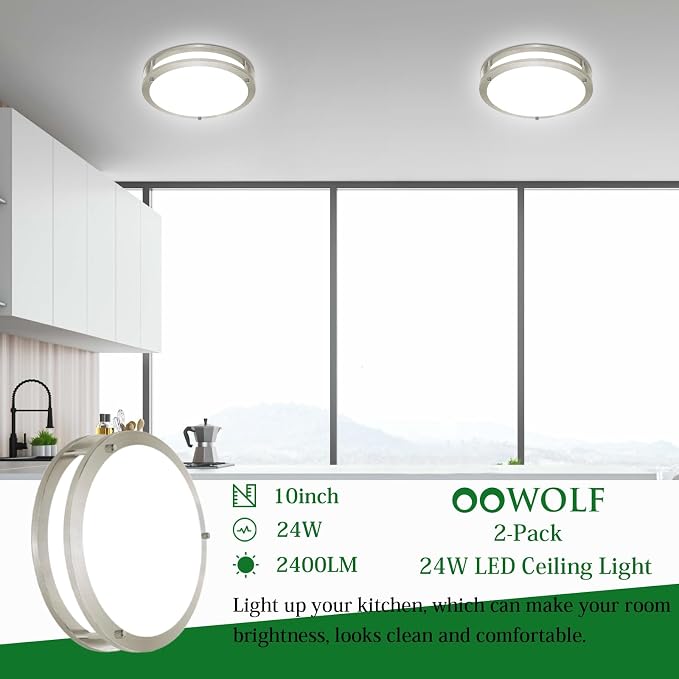 10inch LED Flush Mount Ceiling Light Fixture Dimmable Brushed Nickel, Easy Install LED Ceiling Lamp Fixture Without Flicker, Super Bright 24W 2400LM 5000K 2-Pack