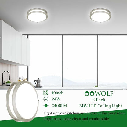 10inch LED Flush Mount Ceiling Light Fixture Dimmable Brushed Nickel, Easy Install LED Ceiling Lamp Fixture Without Flicker, Super Bright 24W 2400LM 5000K 2-Pack