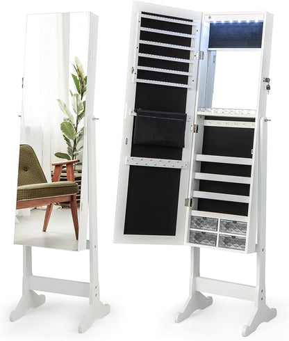 CHARMAID Jewelry Armoire Cabinet with Full Length Mirror, 6 LEDs Standing Lockable Jewelry Organizer with Vanity Makeup Mirror, 4 Storage Drawers, 4 Shelves, Lipstick Tray, 4 Angles (White)