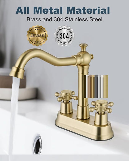 4 Inch Centerset Bathroom Sink Faucet 2 Handle Brushed Gold | Swivel Spout,Pop Up Drain,cUPC Hose,for 2 or 3 Hole Sink,Lavatory,Vintage,Farmhouse,RV,SUS304 Mixer Tap,Metal Cross Handle