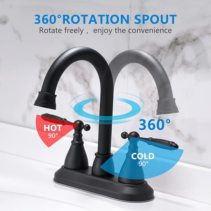 4 Inch Bathroom Sink Faucet Black - 2 Handle Centerset Faucets | 360° Swivel Spout Vintage Vanity Faucet Bathroom with Pop-up Drain Assembly and Water Supply Hoses Matte Black