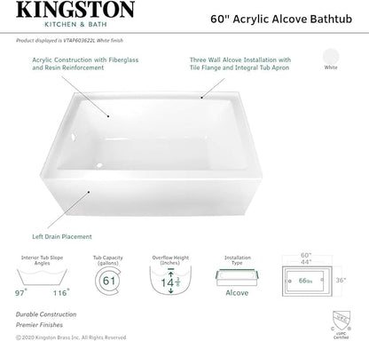 Kingston Brass Aqua Eden VTAP603622L 60-Inch Acrylic Alcove Tub with Left Hand Drain, White