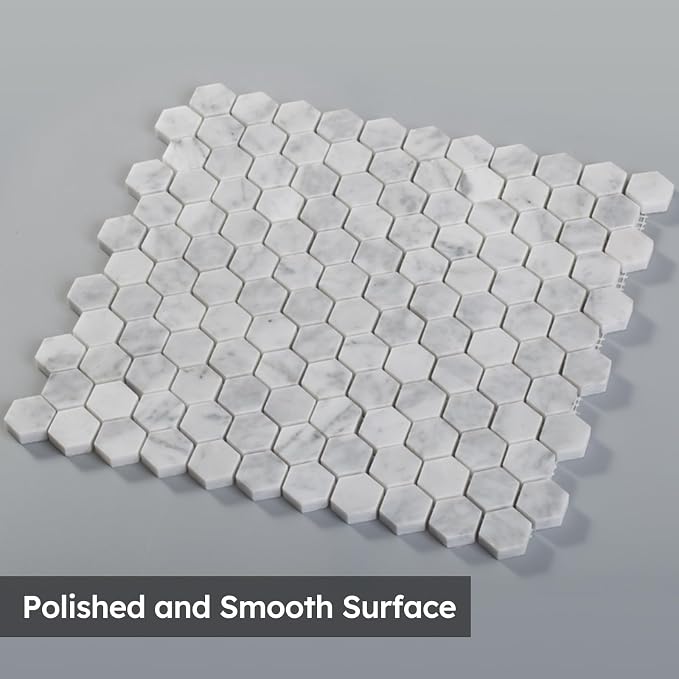 Carrara White Marble Mosaic Tile,1 Inch Hexagon, Polished, 5 Sheets | Natural Bianco Carrera, Marble Stone Backsplash Tiles for Kitchen, Bathroom, Shower Wall and Floor
