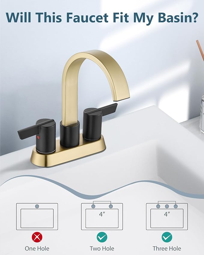 Aolemi Bathroom Faucets for Sink 3 Hole,4 Inch Centerset Waterfall Faucet 2 Handle for Bathroom Sink with Pop-Up Drain and Supply Lines Brushed Gold and Matte Black