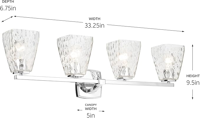 Kichler Marant 33.25" 4-Light Vanity Light with Clear Water Glass in Chrome, for Bathroom, Powder Room, Over a Mirror, (33.25" W x 9.5" H), 55217CHWTR
