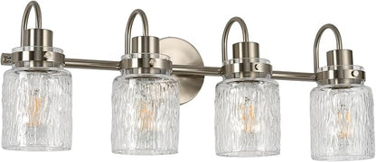4 Lights Bathroom Vanity Light, Brushed Nickel Bathroom Light Fixtures with Hammered Glass Lampshade for Dressing Table,Over Mirror,Hallway