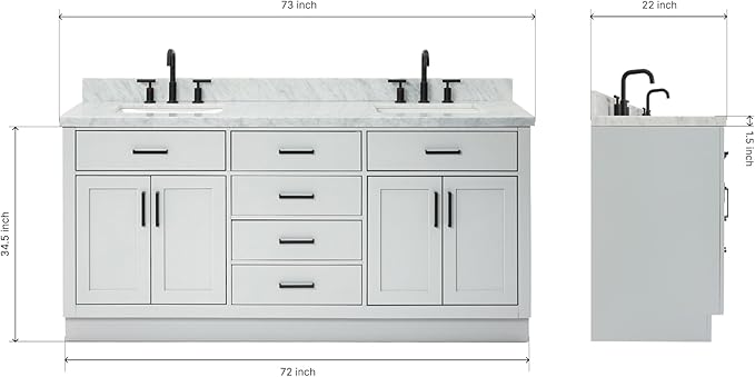 ARIEL Hepburn 72-inch Bathroom Vanity with Sink,Solid Wood, 1.5-inch Italian Carrara Marble Countertop, Double Rectangular Porcelain Sink, 4 Soft Closing Doors, 6 Dovetail Drawers, Grey